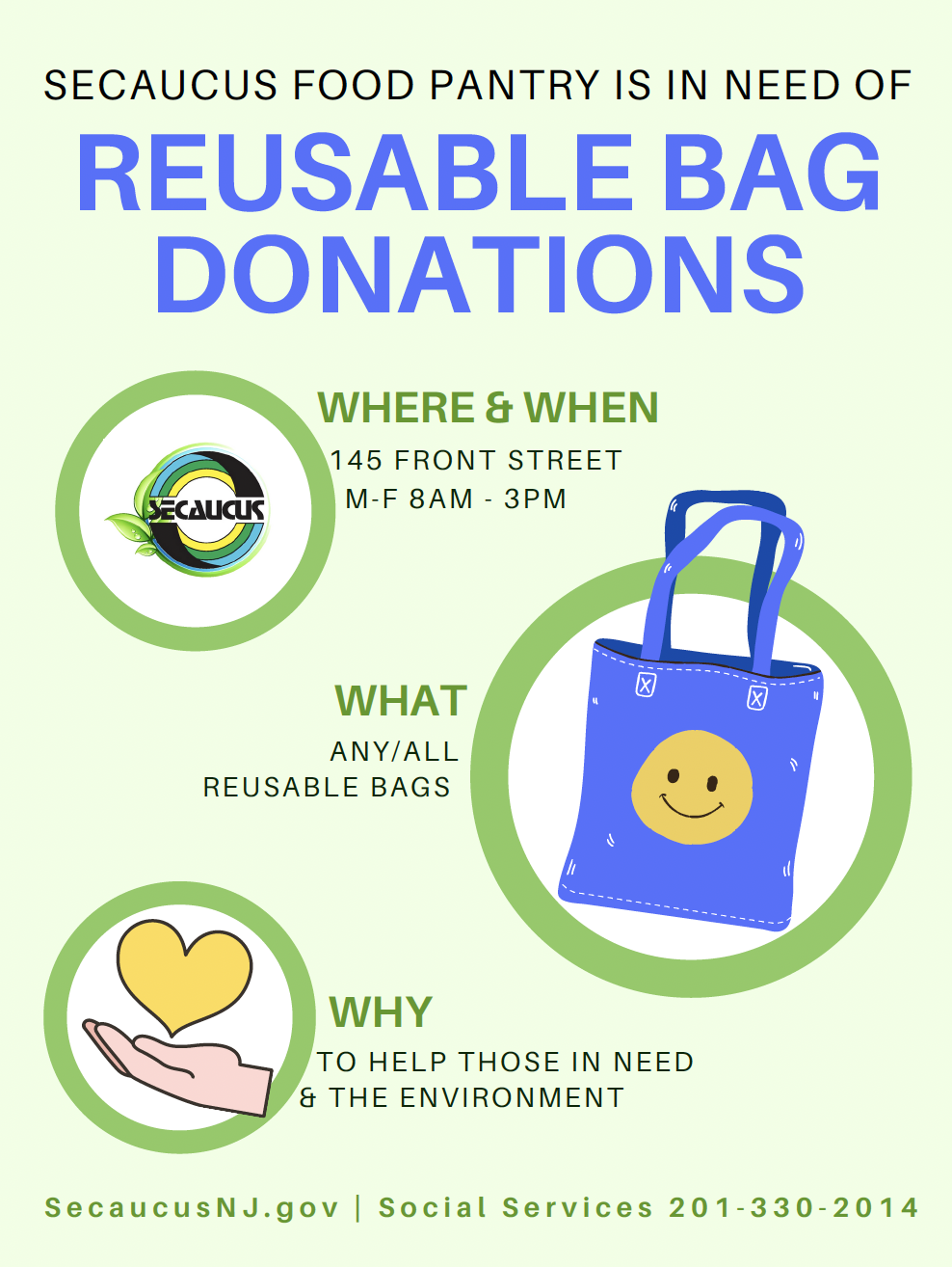 Reusable Bag Donations for Secaucus Food Pantry