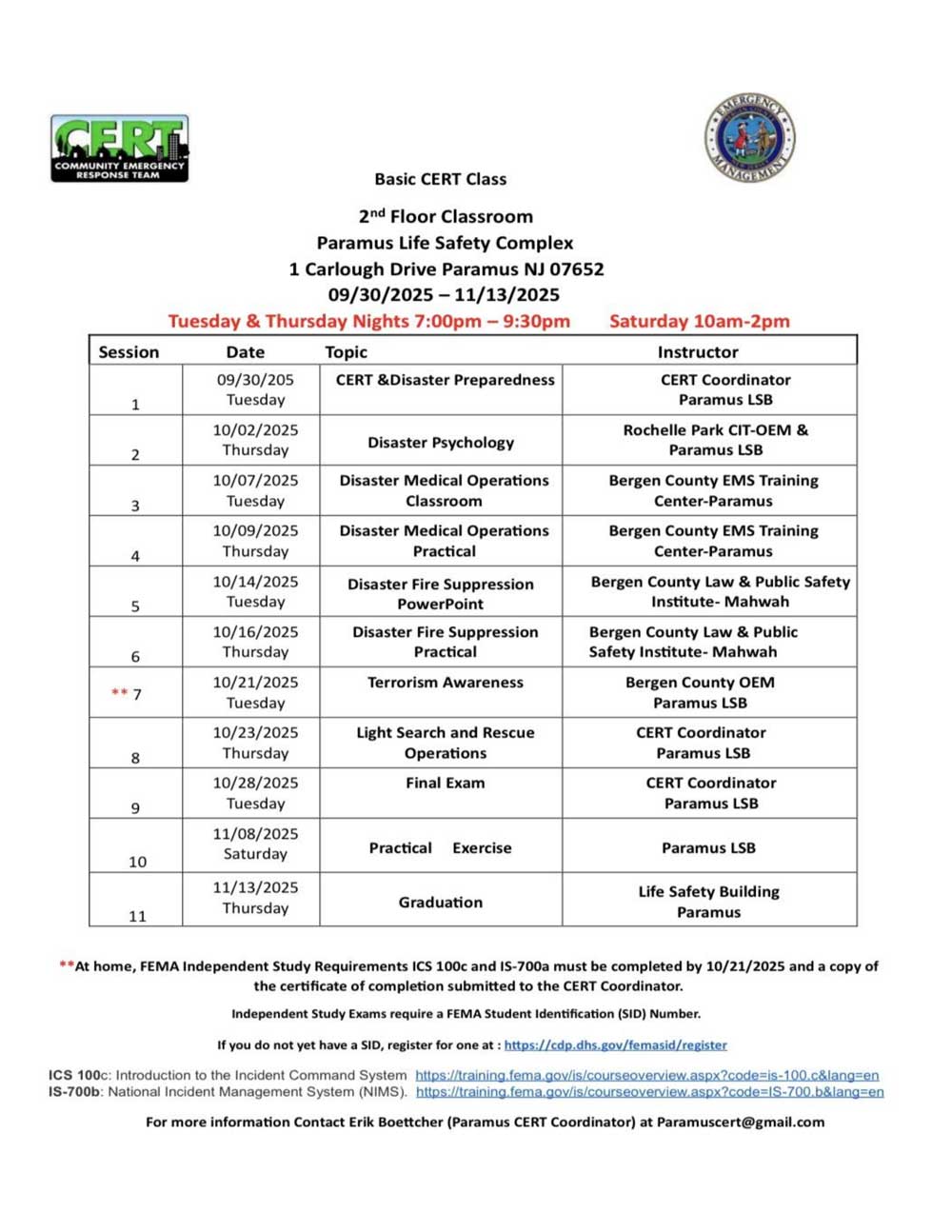 Bergen County 2025 Fall CERT Class