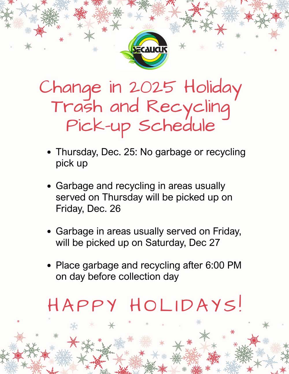 2025 Holiday Schedule for Trash and Recycling Pick up